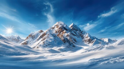 A breathtaking view of a majestic snow-capped mountain range under a pristine blue sky, capturing the beauty of nature in all its glory and inspiring awe and wonder.