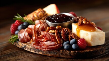 An exquisite gourmet charcuterie board featuring a variety of meats, cheeses, fruits, and nuts, creating a visually stunning and delicious experience for gatherings.