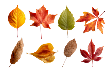Colorful autumn leaves on a transparent background