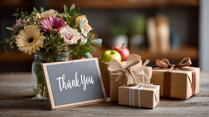 Elegant thank you card with a bouquet of fresh flowers and wrapped gift boxes on a rustic wooden table, perfect for gratitude, celebration, or special occasions.