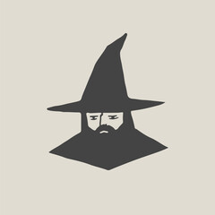 Minimalist wizard logo design featuring a bearded sorcerer with a tall pointed hat in dark silhouette style, ideal for branding, icons, badges, and fantasy-themed logos.