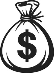 Money bag, tied sack representation, financial emblem, vintage engraved illustration of currency sack with dollar sign