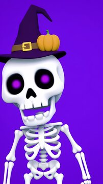 Skeleton Character Wearing Purple Witch Hat with Pumpkin Accent on Halloween with Glowing Eyes on a Violet Background for Adobe Stock Photos