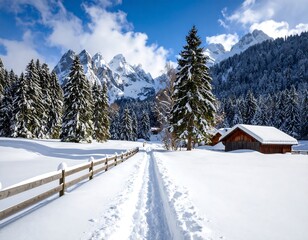 Fototapeta premium Picturesque winter landscape with snow-covered trees and a cozy wooden cabin