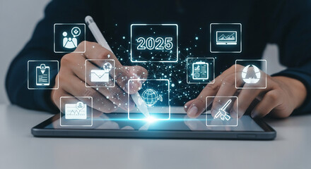 Hands using stylus on tablet, interacting with digital icons representing business planning, global connection, and data analysis for 2025, showcasing future strategy and technology integration