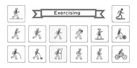 Exercising Line Icons. Editable Stroke. Contains such icons as Running, Cycling, Yoga, Weightlifting, Stretching, Soccer, Football, Tennis, Basketball, Fighting, Aerobics, Exercising Icons set.
