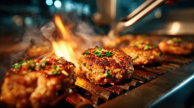 Juicy grilled patties sizzle on a hot grill, surrounded by mesmerizing flames and smoky aromas, creating a vibrant and delicious cooking atmosphere in the kitchen.