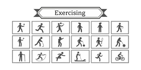 Exercising Line Icons. Editable Stroke. Contains such icons as Running, Cycling, Yoga, Weightlifting, Stretching, Soccer, Football, Tennis, Basketball, Fighting, Aerobics, Exercising Icons set.