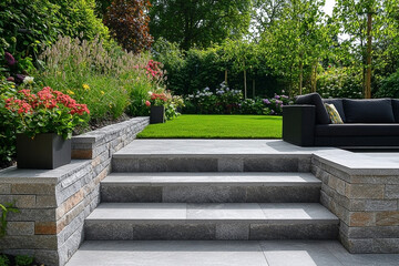 Elegant outdoor living space with terraced garden and modern grey stone steps