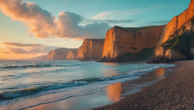 Cliffs and sandy beach at sunset, coastal landscape with vibrant sky, ocean waves, and towering rock formations. Scenery of nature and tranquility. - Powered by Adobe