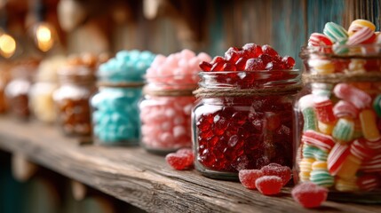 An array of colorful candy jars filled with assorted sweets is displayed on a rustic wooden shelf, evoking a sense of nostalgia, joy, and childhood delight.