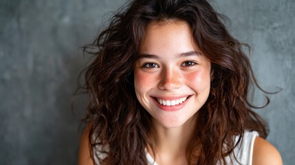 A bright and cheerful portrait of a young woman with curly hair, radiating happiness and warmth, capturing a moment of joy and authenticity in a casual, friendly atmosphere.