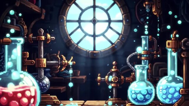 Vintage Laboratory with Glassware and Potions Against Window Pixel Art Design