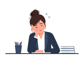 Exhausted at Desk: An office worker, with a bun hairstyle, slumps wearily at her desk, her face etched with weariness and exhaustion. pencils, stack of book convey the pressures of work.