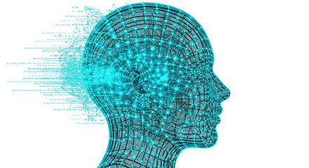 Wireframe head profile, teal glowing nodes, data stream, white background, showcasing digital intelligence concept