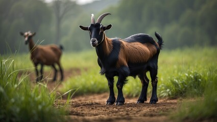 Fototapeta premium Wild goat on a trail in a lush green landscape with trees in the background, with another goat in the distance.
