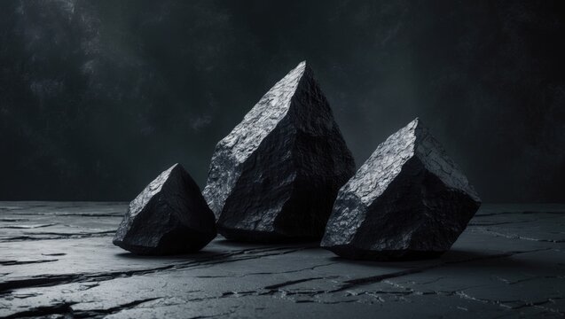 Three large black rocks on a cracked dark surface under a dark sky.