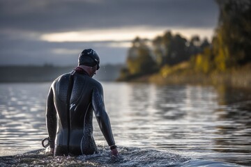 Man Wearing Wetsuit Standing in OceanFictional Character Created By Generative AI
