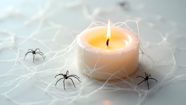 Photorealistic image of a lit candle surrounded by spider webs. The webs are delicate with tiny droplets, and the candle has a warm, flickering flame. Soft natural lighting with minimal shadows. 2