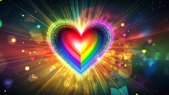 A vibrant rainbow heart explodes with radiant light streaks against a dark, bokeh-filled backdrop, creating a dazzling, celebratory effect