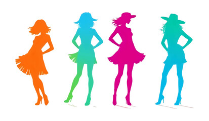 A vibrant collection of female silhouettes in dazzling, colorful attire, isolated on white background, representing fashion and style diversity