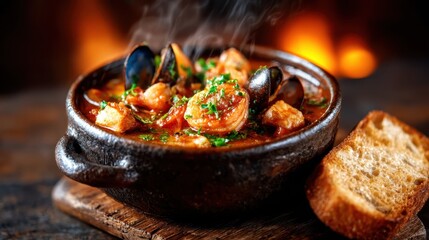 A warm, hearty bowl of seafood stew is artfully presented, filled with shrimp, mussels, and herbs, embodying the comforting essence of culinary craftsmanship and rich flavors.