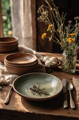 Authentic rustic pottery with organic glazes and handmade textures, arranged on wooden table with wildflowers and herbs, warm sunlight, earthy boho style, artisanal still life composition.