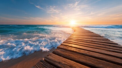 A picturesque wooden boardwalk leads to a tranquil beach during sunrise, inviting viewers to experience the calmness of nature and the beauty of a new day dawning over the ocean.