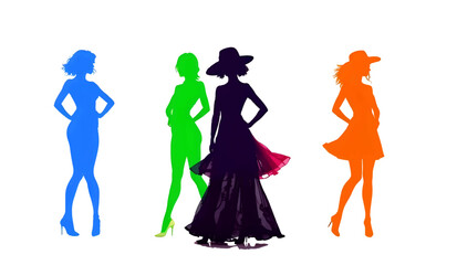 Group of diverse fashion silhouettes in different stylish outfits and colors, posing elegantly, isolated on white background