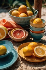 Vibrant artisanal summer table setting with handcrafted ceramics in bold turquoise, coral, and yellow shades, rustic natural textures, citrus fruits, sun-kissed linen cloth, bohemian outdoor dining