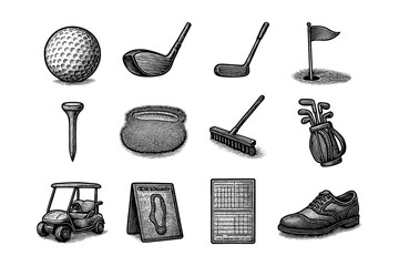 Vintage golf equipment collection: engraved clubs, balls, and accessories