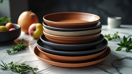 Artistic close-up of authentic ceramic tableware collection, modern glossy rustic finishes, styled with natural ingredients on marble counter, editorial food photography style with artisanal details