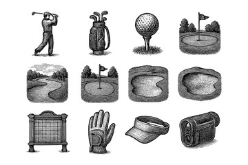 Hand drawn golf elements collection featuring player, equipment, and course scenes