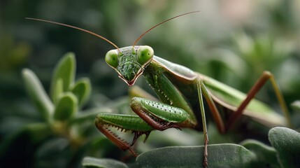 macro shot of a praying mantis featuring its large, compound eyes and front legs