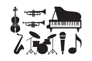 Collection of musical instruments silhouette on white background
