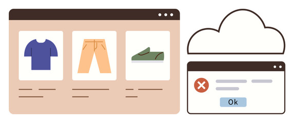 E-commerce interface displaying products alongside a pop-up error and a cloud graphic. Ideal for online shopping, technology, error management, IT support, cloud computing, troubleshooting, user