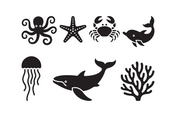 Collection of black silhouette sea creatures and coral