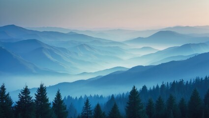 Obraz premium A serene landscape of mountain ranges with layered blue hues and forested foreground.