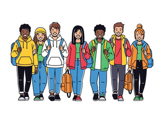 Embarking on New Horizons: A diverse group of students, full of energy and optimism, stand shoulder-to-shoulder, prepared for the challenges and triumphs of their academic journey.