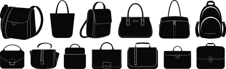 Black silhouette handbag, purse, backpack, shoulder bag, and tote collection, minimal fashion accessory icons for women, men, travel, office