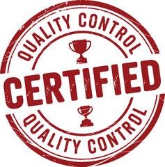 Distressed red quality control certified stamp with trophy icons, vintage style for product approval and assurance themes