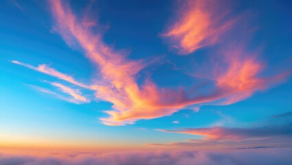 Obraz premium Vivid sky with orange and pink clouds over blue sky at sunset or sunrise.