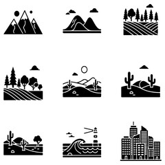 Fototapeta premium Vector Landscape and Scenery Icon Set - Black Glyphs
