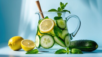 Fototapeta premium Fresh cucumber, lemon, and mint infused water in a glass pitcher with sliced lemon and cucumber, and mint leaves. Detox, healthy lifestyle concept. Refreshing beverage.