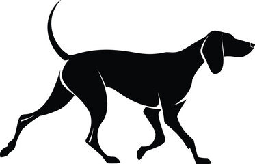 Black silhouette of walking dog, canine with tail up, pet animal side view, domestic dog vector, dog walking pose illustration.