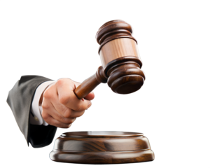 A hand in a suit holding a wooden judges gavel above its base, representing legal proceedings and authority, isolated on transparent background
