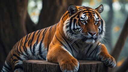 A tiger resting on a tree stump in a forest setting.
