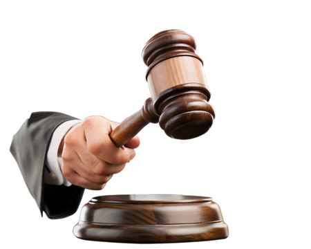 A hand in a suit holding a wooden judges gavel above its base, representing legal proceedings and authority, isolated on transparent background