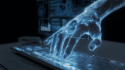 Transparent hand interacting with a computer keyboard among data displays. Suitable for technology, data analysis, digital security concepts.