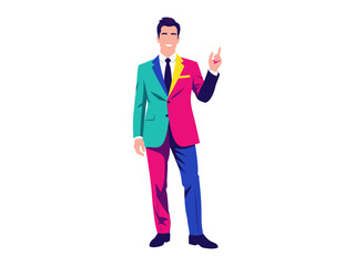 A Colorful and Confident Gentleman: A dapper gentleman in a stylish, vibrant suit, confidently pointing upwards, showcasing an air of authority and style.